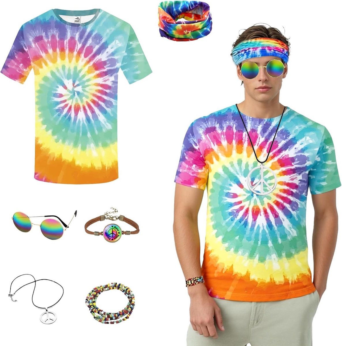 Set van 6 mannen hippie kostuums uit de jaren '80 met kleurrijk T-shirt, peace ketting, hippie zonnebril, hoofdband, armband en ketting voor feestelijke gelegenheden en themafeesten.
