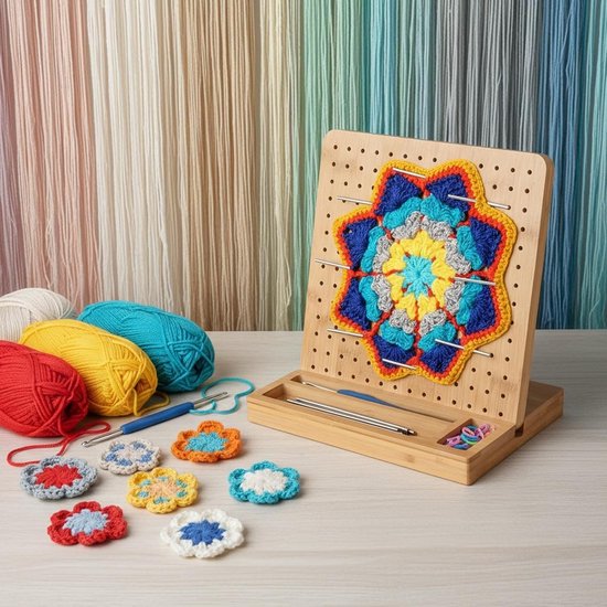 Haak- en breiprojectplank van bamboe, 19,8 cm groot haakblokbord voor Granny Square met 20 pennen en 1 haaknaald, ideaal voor creatief haken en breien — afbeelding 4