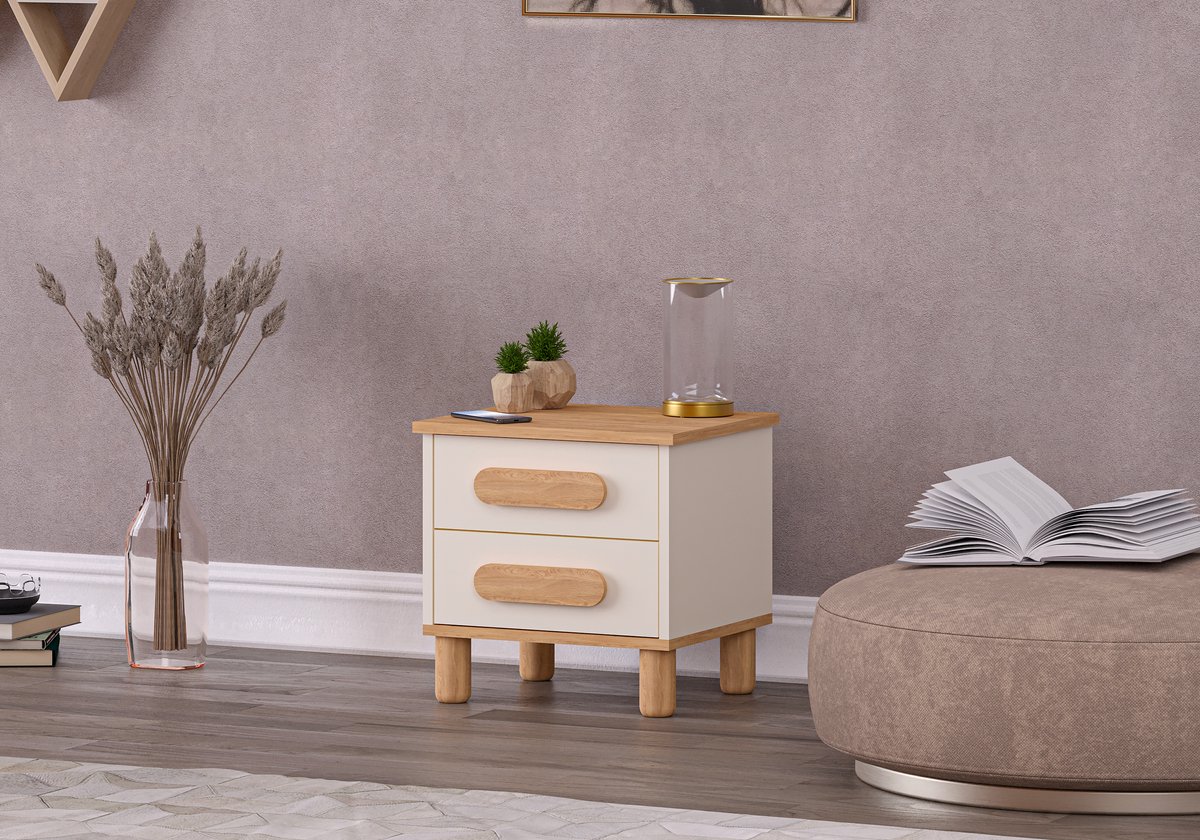 MILE NACHTKASTJE – CRÈME EIKEN – Nachtkastje – Bijzettafel – Bedtafel – Nachtkastje met Opbergruimte – Slaapkamermeubel – Nachtkastje voor Bed – Modern Nachtkastje – Opbergmeubel – Meubel voor Slaapkamer