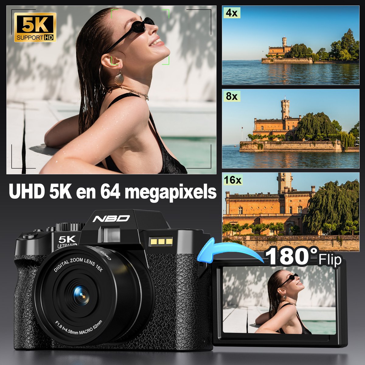 NBD S100 Digitale Camera - 5K - 64MP - 16X Digitale Zoom - Optische Zoeker - WiFi - 180° Draaibaar Scherm - Compact Camera voor Reizen - Microfoon - LED Licht - 3 Kleurenfilters - 0.45X Supergroothoeklens - Handgreepstatief - Zwart thumbnail 5