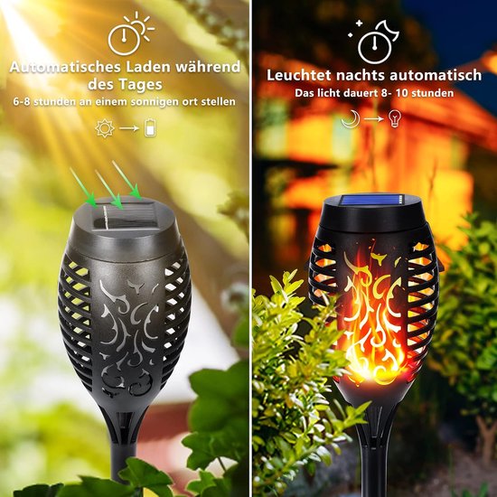 6 stuks solarlampen voor buiten - 12 led-zonnelampen voor buiten, tuin, met realistisch vlameffect, IP65 waterdicht, tuinfakkels, zonne-energie voor tuinen, paden, achtertuin, gazon, balkon, — afbeelding 2