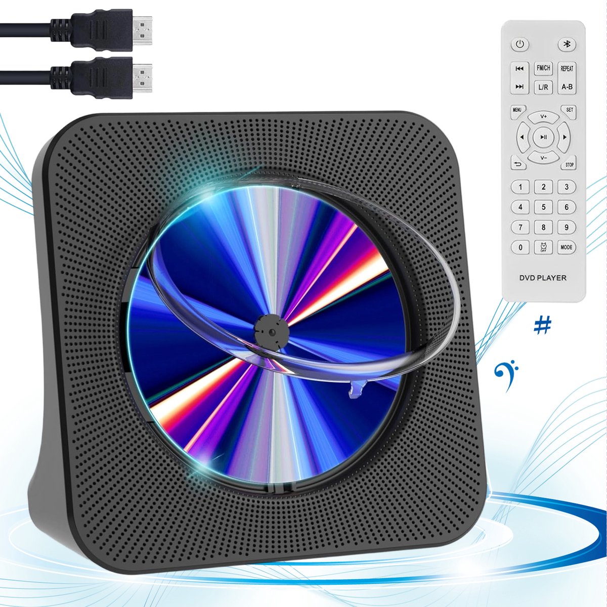 DVD-Speler - CD-Speler met Bluetooth - Multimedia Speler - Bluetooth 5.0 TX/RX - HDMI voor TV en Projector - USB & FM Radio - Stereo Speakers - Voor Muziek en Films - Zwart