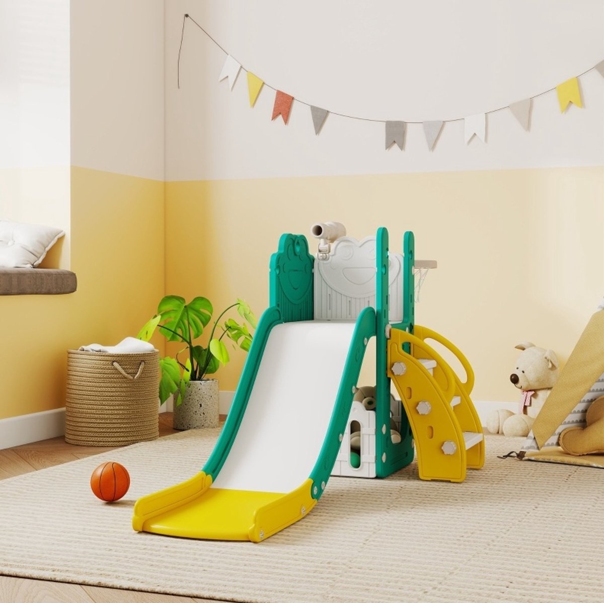 MODFU - Kinderrutschenset - 5-in-1 - Telescoop - Basketbalring - Kletterwand - Geel Groen