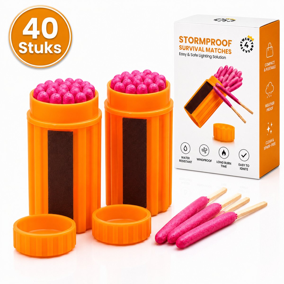 Twenty4seven® Stormlucifers 40 Stuks - Waterdichte Lucifers in Waterproof Bewaarkokertje - Lange Brandduur voor Noodpakket en Kampvuur - Camping, Survival en Bushcraft