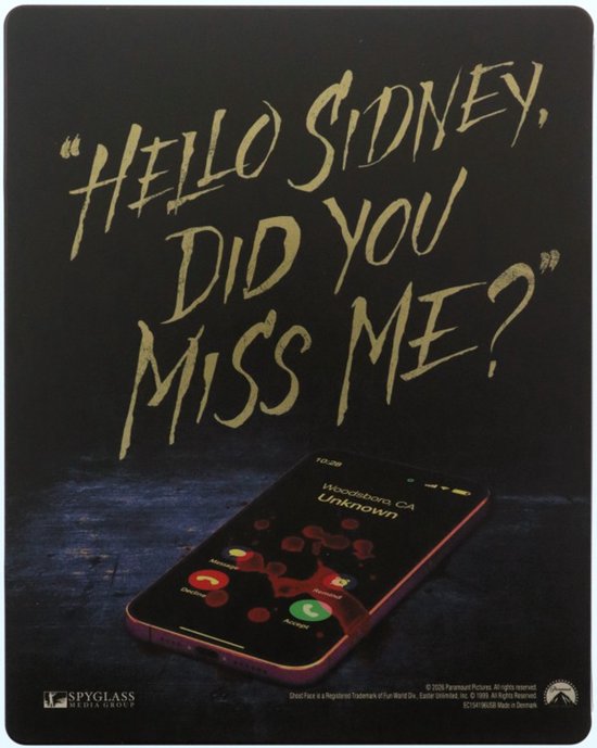 Achterkant Steelbook met 'Hello Sidney, Did You Miss Me?' tekst en een telefoon met bloederige oproep.