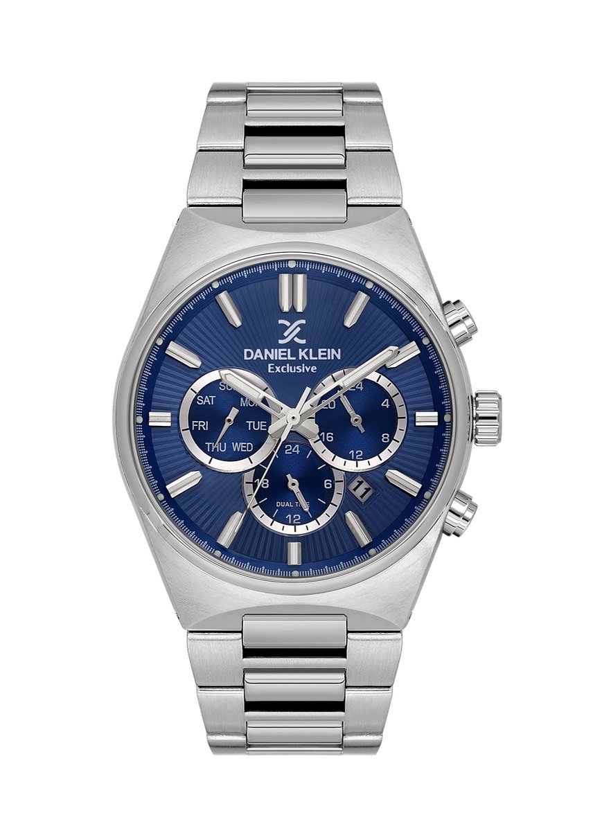 Daniel Klein- herenhorloge-chrono-staal-blauwe wijzerplaat-dag aanduiding-datum aanduiding-5 bar-diameter 42 mm
