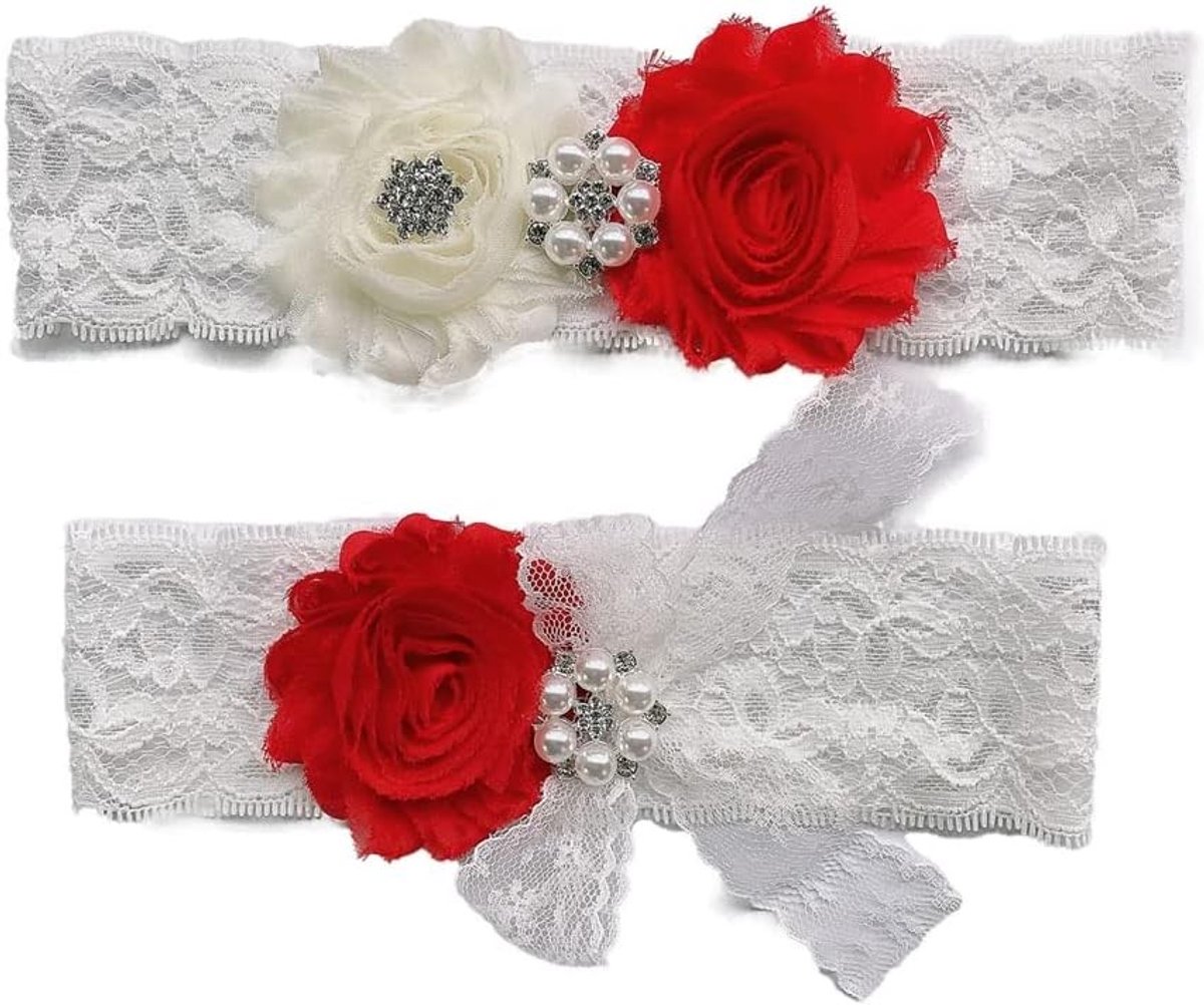 Elegante Bruids Garter van Kant met Witte Parels en Bloemen - Handgemaakte Elastische Beenband voor de Perfecte Trouwerij