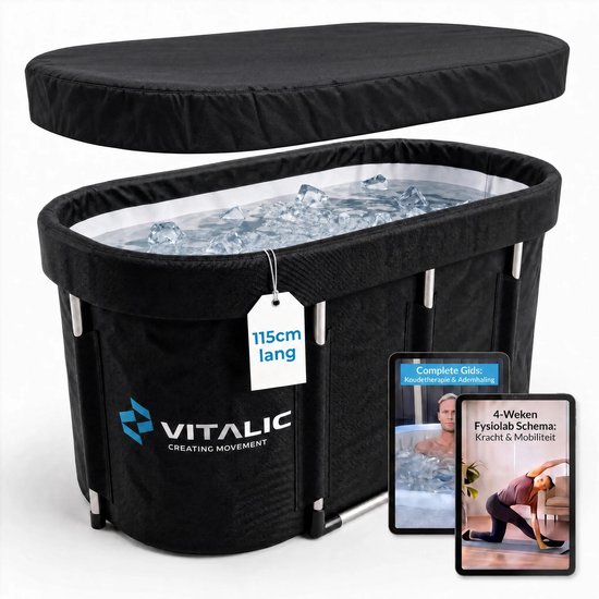 Zwart Vitalic bad van 115 cm lang, gevuld met water en ijs, met een zwart deksel erboven en digitale gidsen ernaast.