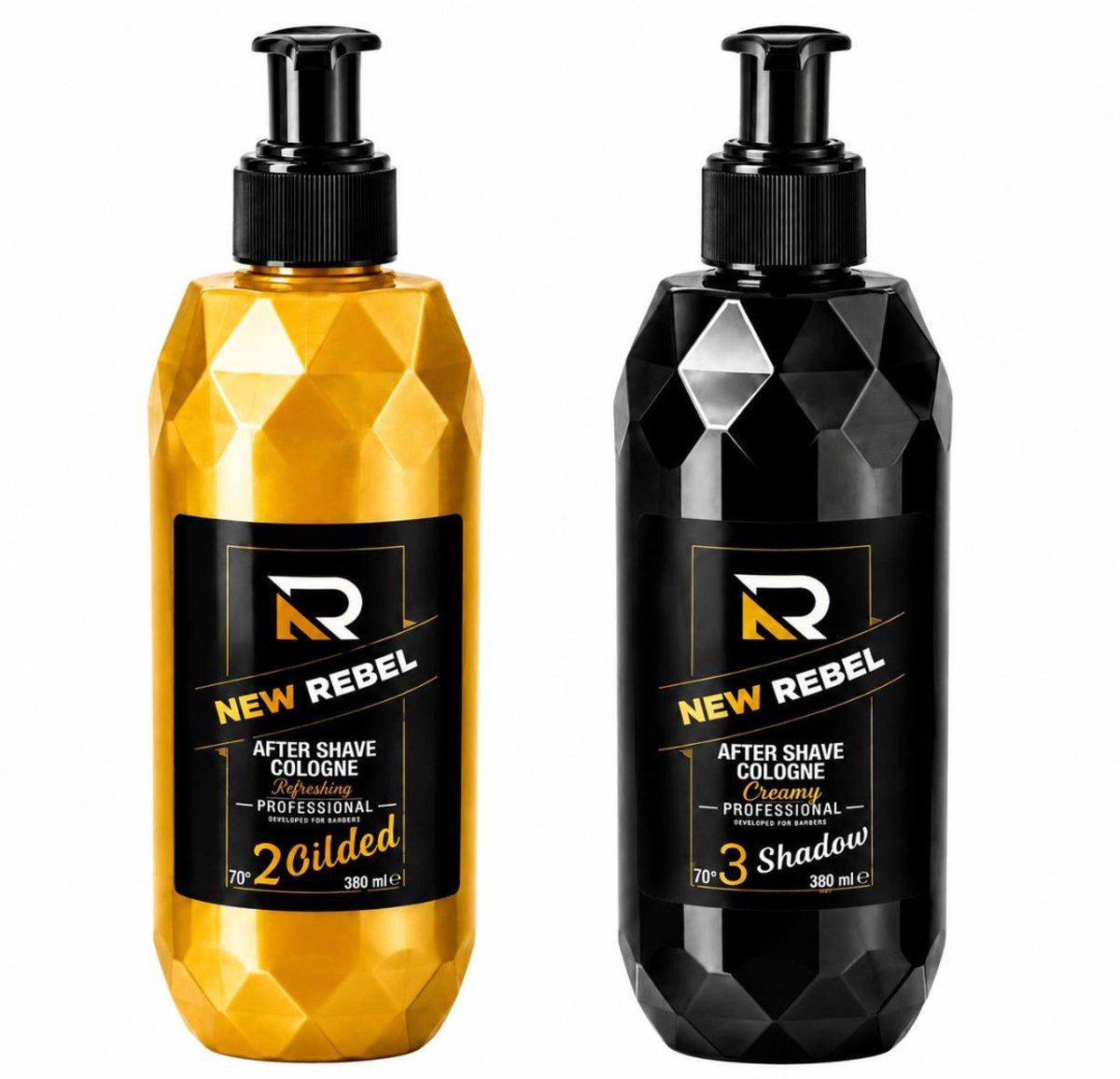 NEW REBEL Aftershave Cologne 2-Pack – 2 Gilded & 3 Creamy Shadow – 2x 380 ml – Scheerwater voor Mannen – Goud/Zwart – 760 ml