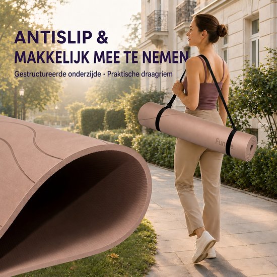 FunLife Extra Brede Yogamat 183 x 80 cm - 8 mm TPE Fitnessmat Antislip - Sportmat voor Yoga, Pilates en Thuisfitness - Met Draagriem - Karamelbruin — afbeelding 2
