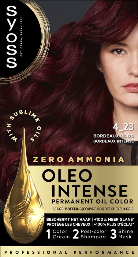 Syoss Oleo Intense 4_23 Bordeaux Rouge, coloration permanente sans ammoniaque aux huiles nourrissantes.