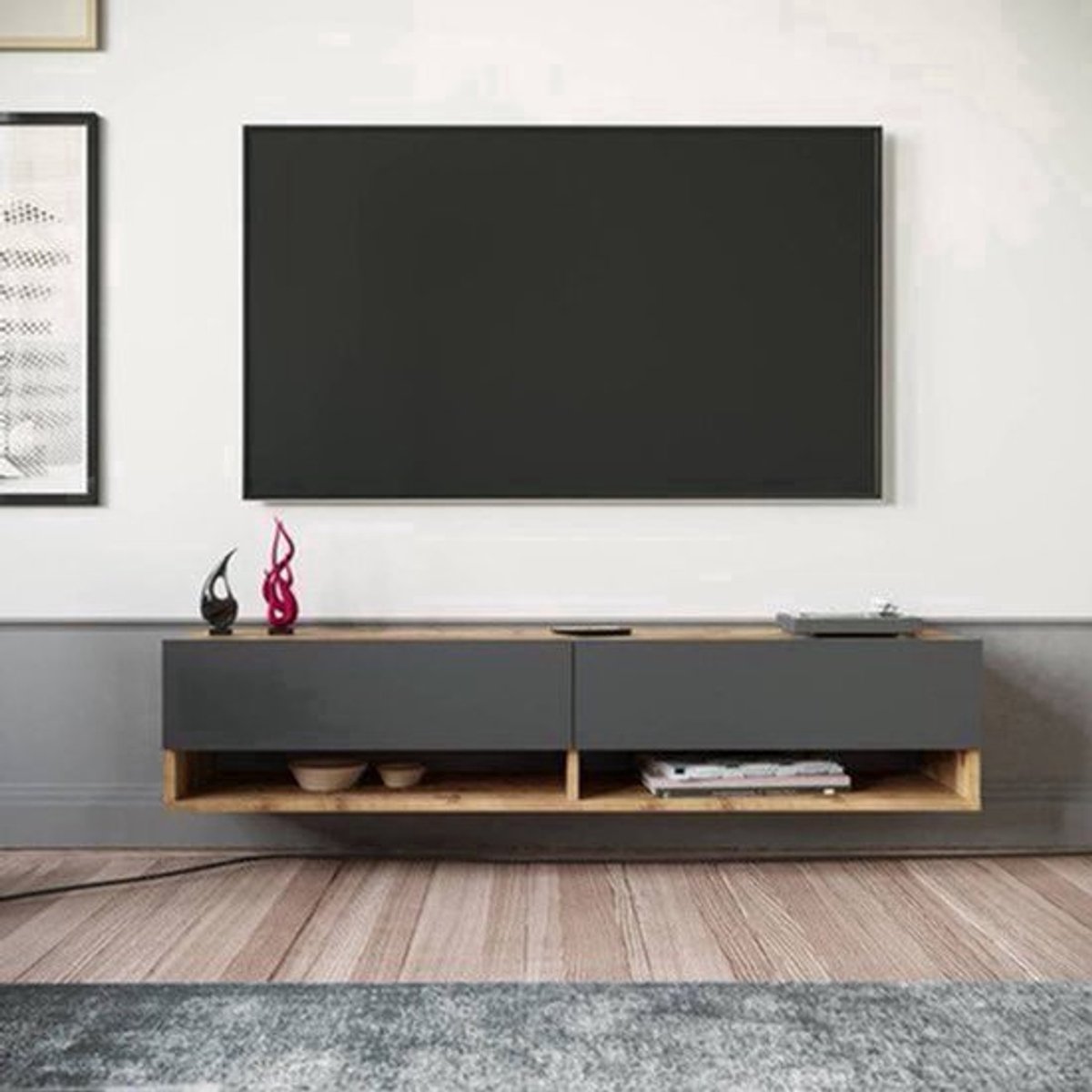 tv meubel – tv kast – tv dressoir – tv tafel – media meubel – Zwevend Wandmeubel – Melamine Spaanplaat Rustiek Eiken Wit – 180 cm Breed – 2 Open Vakjes