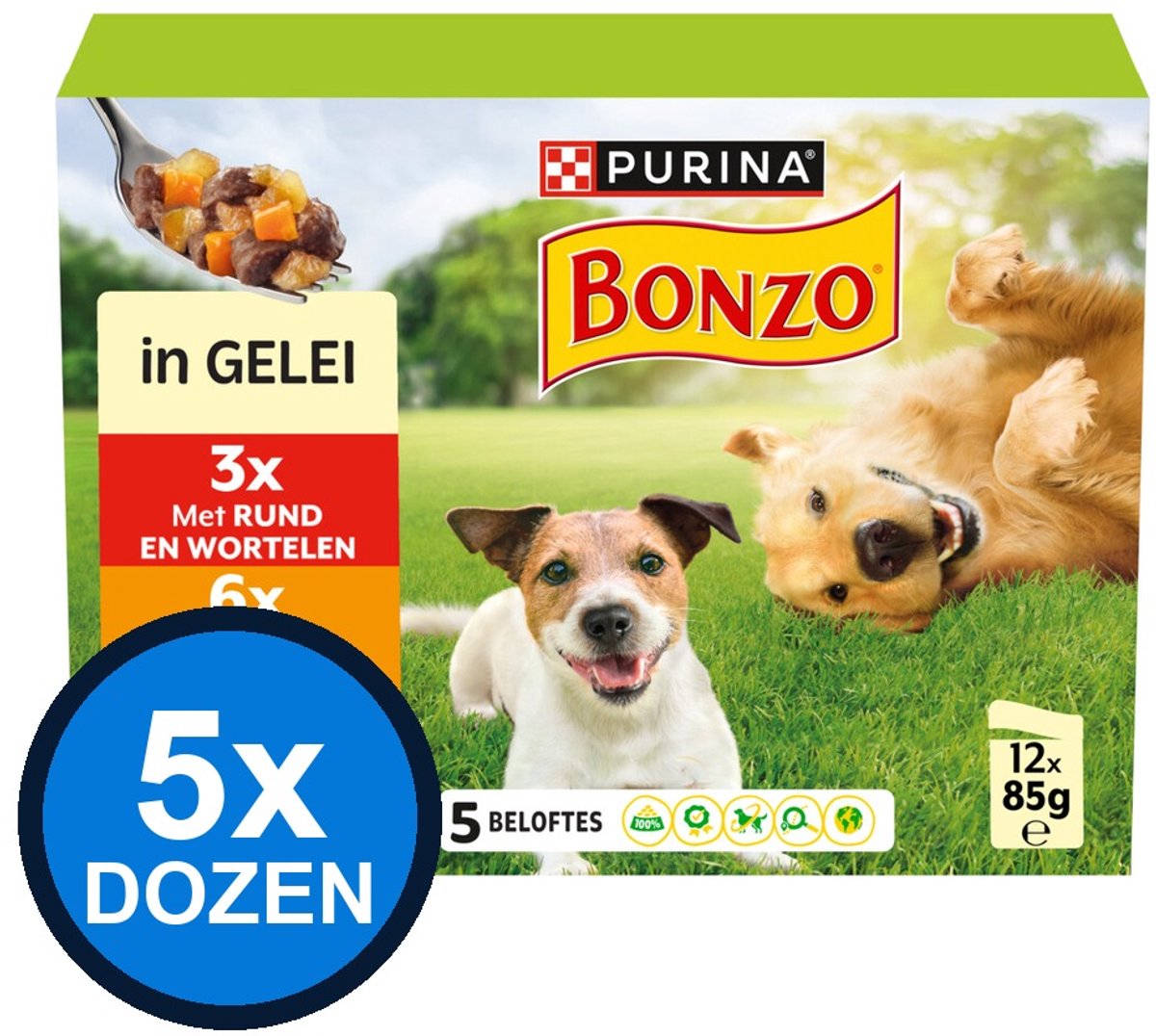 5x Bonzo - In Gelei Mix Multipack (12x85g) - Hondenvoer Natvoer - 1.02 kg