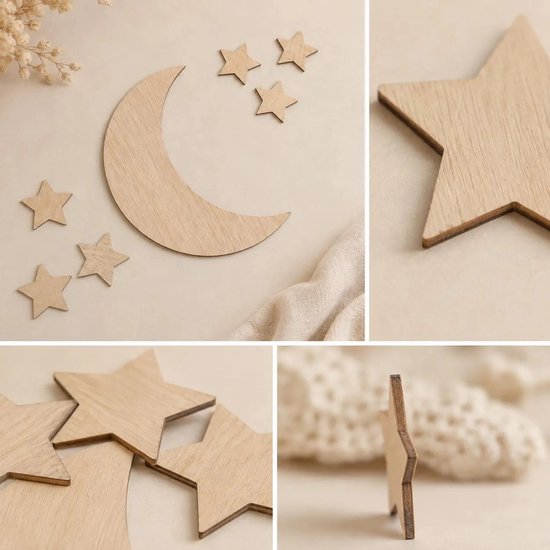 WWC - Muurdecoratie Kinderkamer - Houten Maan & Sterren - Naturel Hout — afbeelding 2