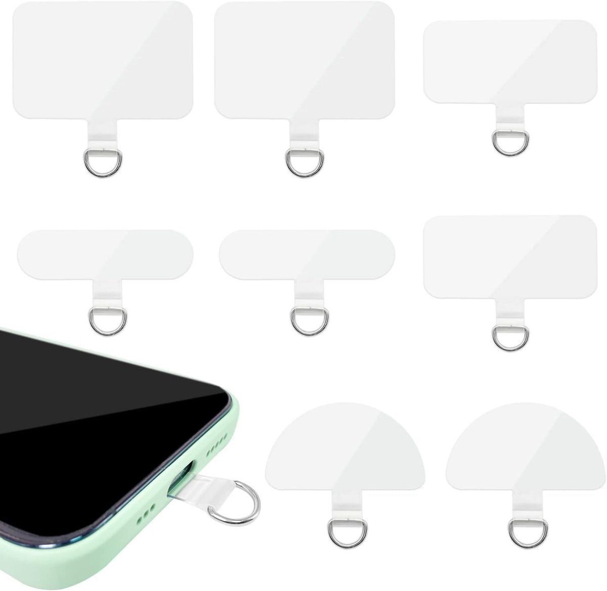 8 Stuks Universele Telefoon Lanyard Patches, Antislip Stickers voor Smartphone, Veiligheidsriem met Metalen Ring en Diverse Maten voor Mobiele Apparaten