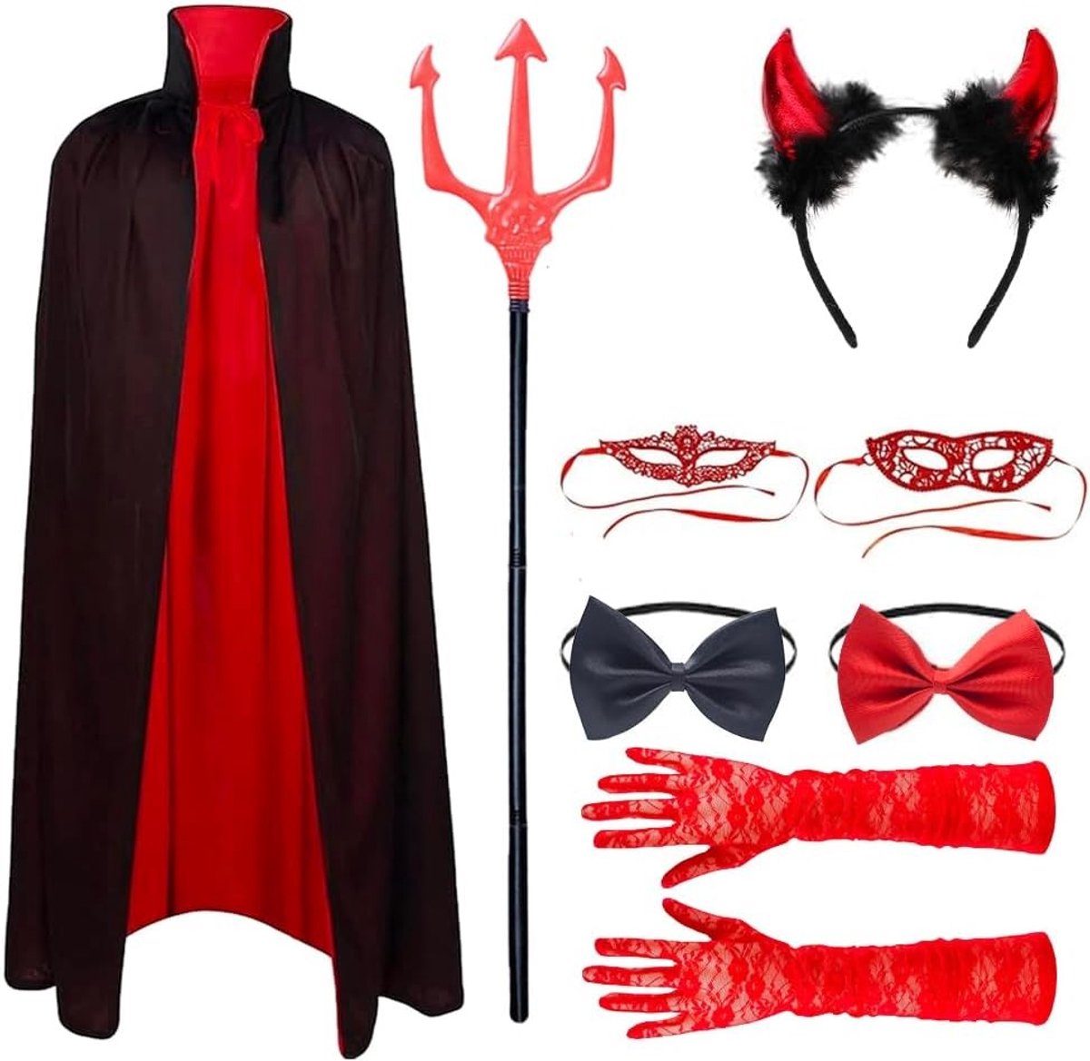 8-delig duivels kostuum voor vrouwen, Halloween outfit met duivelshoorns, cape, handschoenen en oogmasker