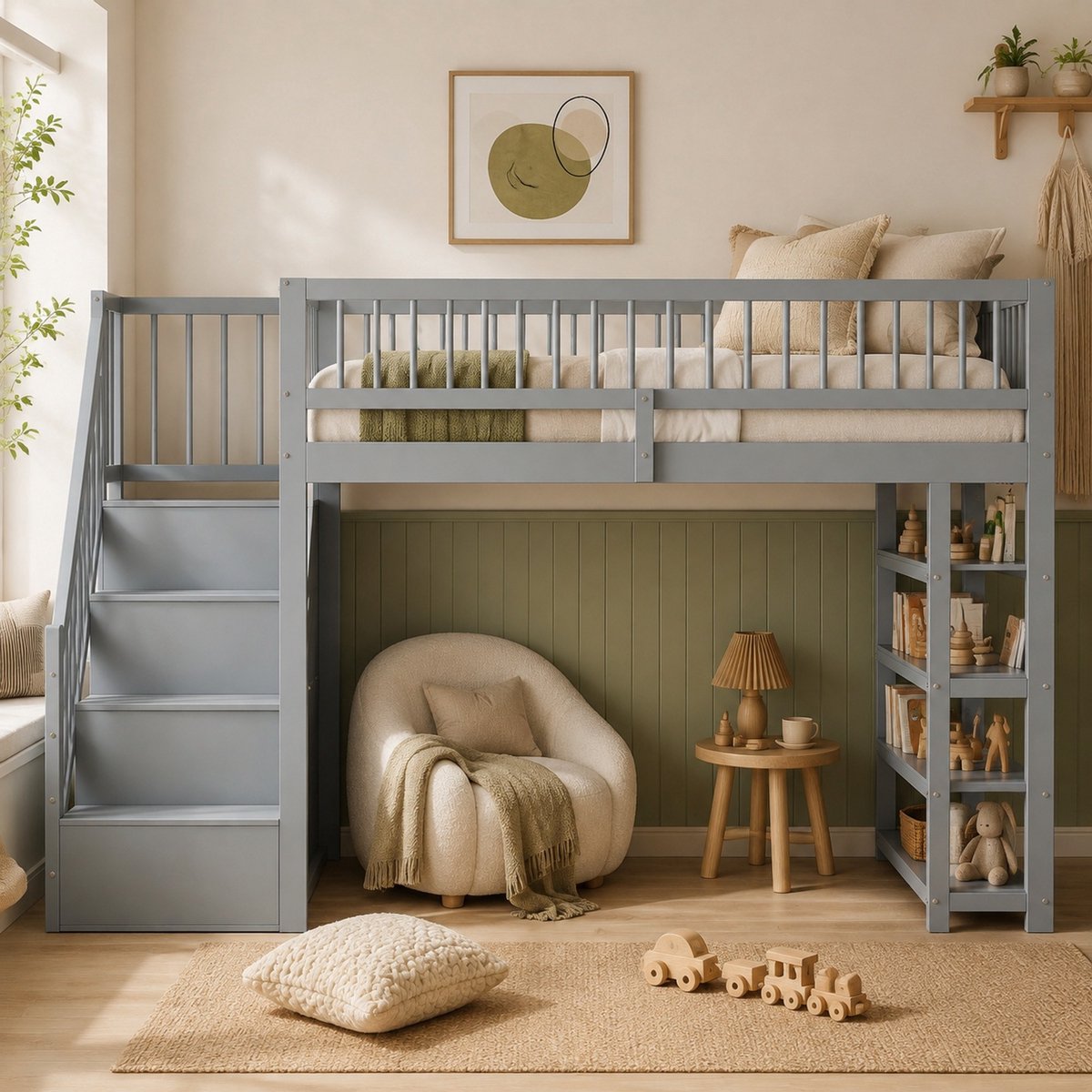 COVREO Hoogslaper met opbergruimte en trap – 90x200 cm – Hoog bed met veiligheidshek – voor kinderen – Grijs - zonder matras