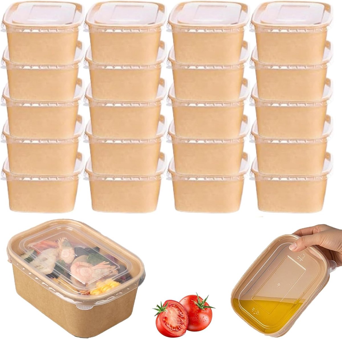 Duurzame Kraft Papieren Voedselcontainers met Deksel, Herbruikbaar en Milieuvriendelijk, 20 Stuks