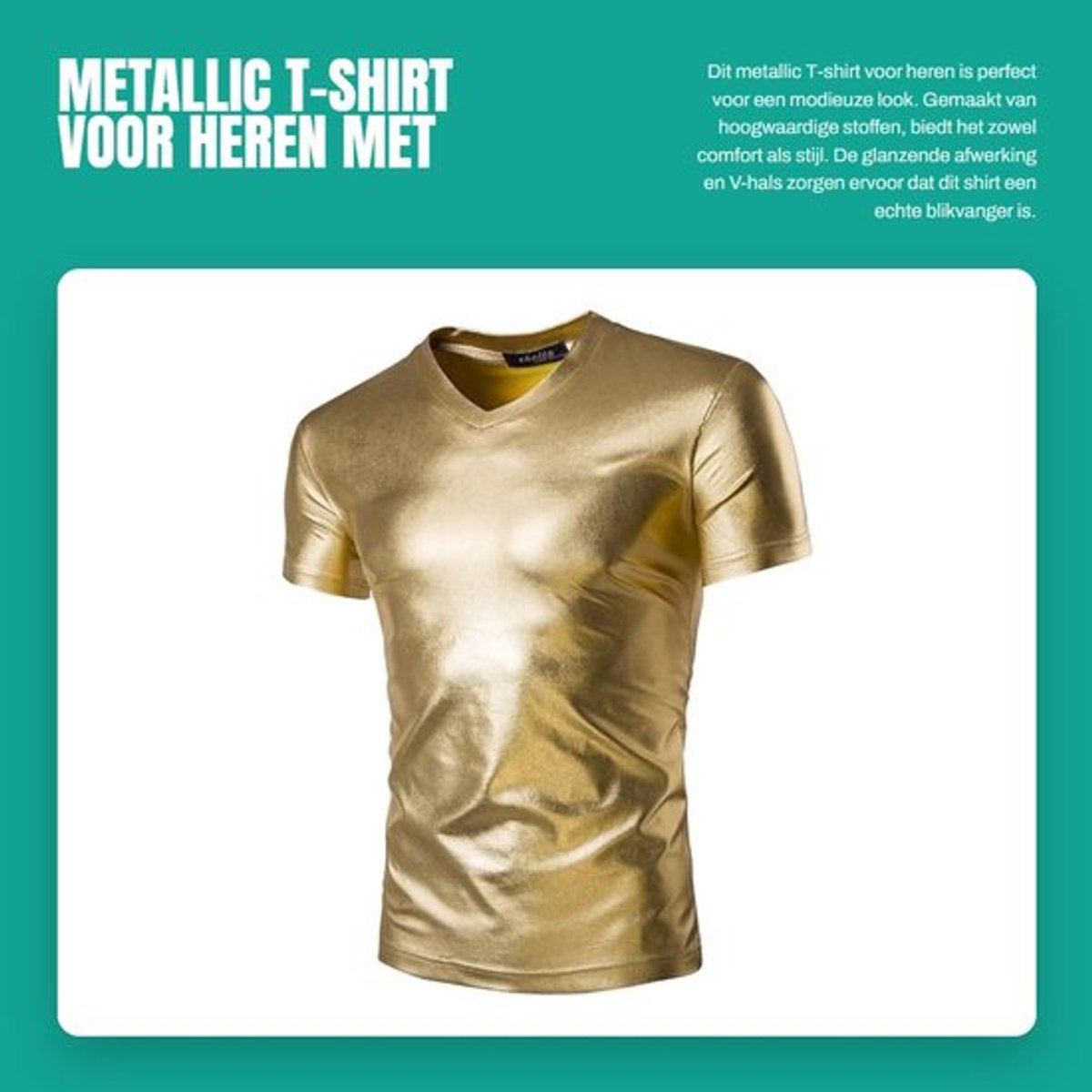 Dailygoods- T-shirt heren V-hals Metallic glanzend Korte mouwen Casual top Zwart