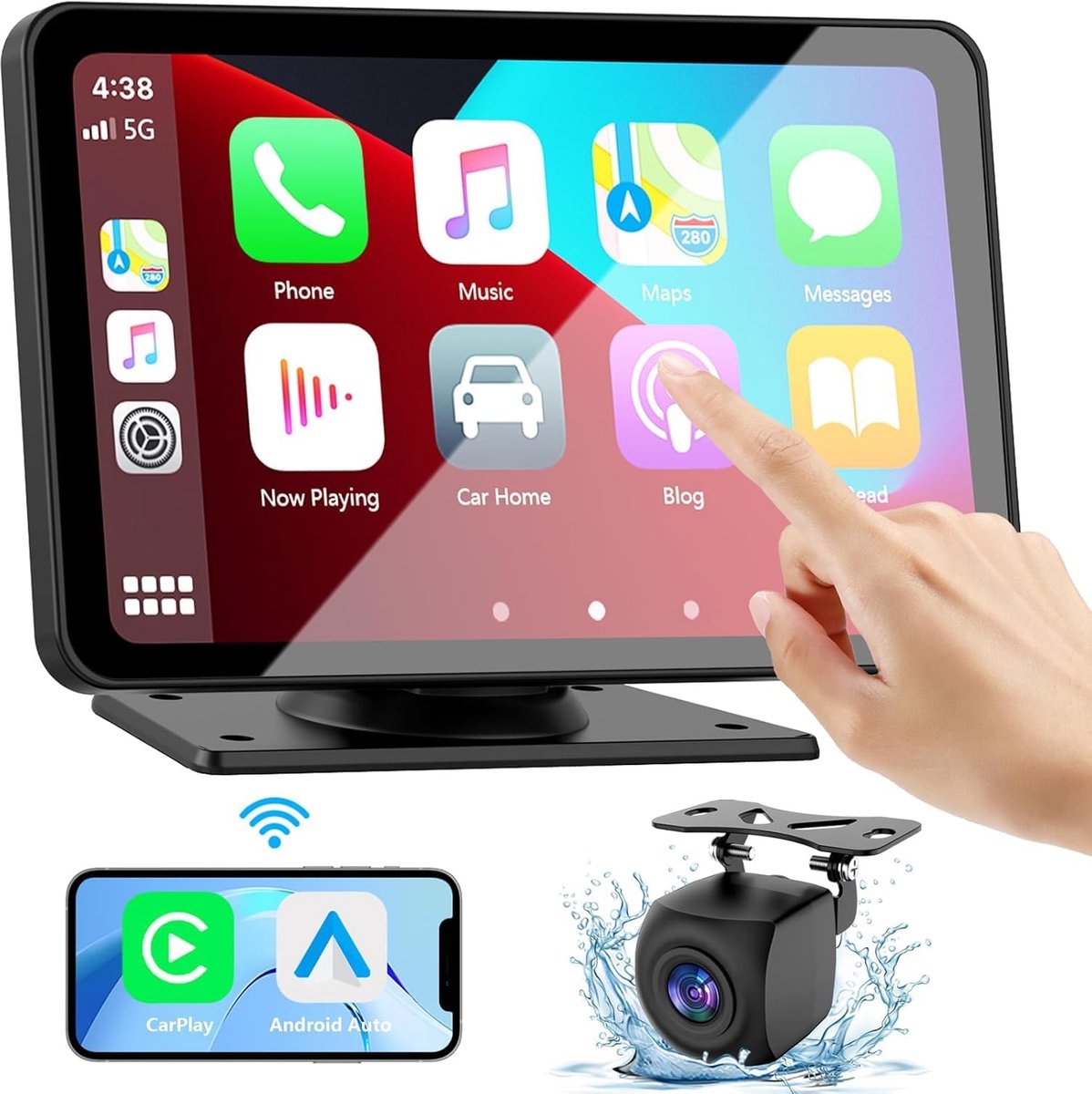 CarPlay Display,Draadloze Android & CarPlay Box, Achteruitrijcamera - 7 inch Touchscreen Auto Display met GPS-Navigatie, Wi-Fi, Bluetooth, Android Auto, etc.