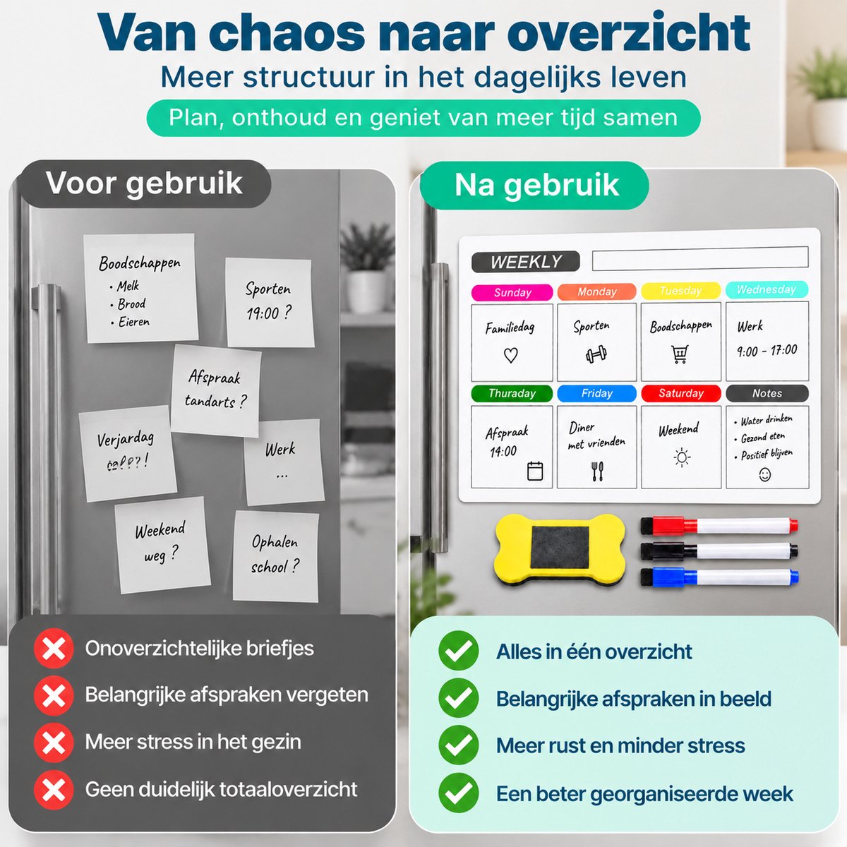 Magnetische Weekplanner Whiteboard - A3 Formaat - Familieplanner & Gezinsplanner - Planbord voor Koelkast - To Do Planner - Planbord voor Thuis en Kantoor - Inclusief 3 Markers en Wisser — cadeau in Kalenders & Planners - foto 4