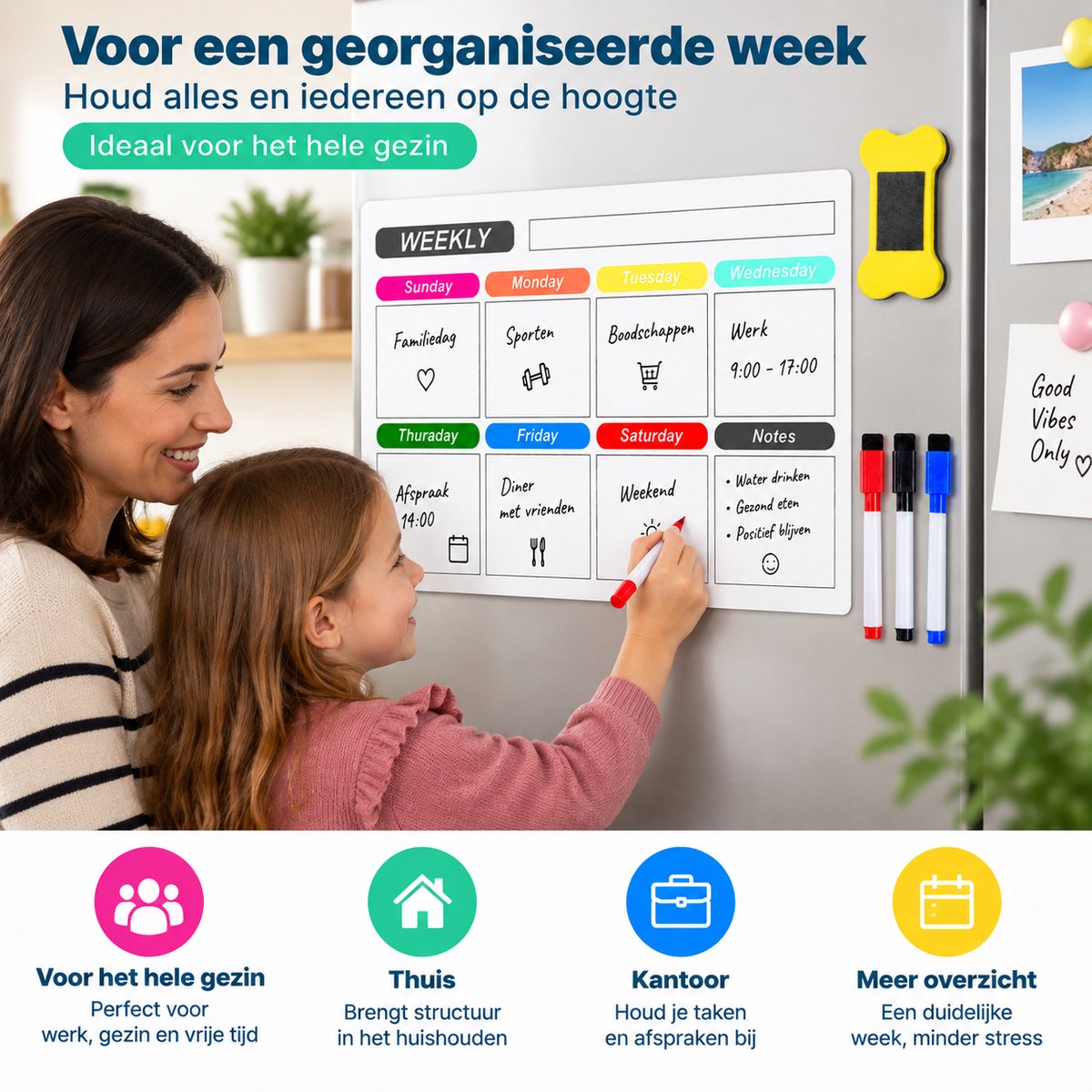Magnetische Weekplanner Whiteboard - A3 Formaat - Familieplanner & Gezinsplanner - Planbord voor Koelkast - To Do Planner - Planbord voor Thuis en Kantoor - Inclusief 3 Markers en Wisser — cadeau in Kalenders & Planners - foto 5