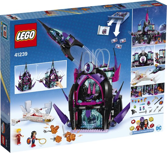 Doos van LEGO Eclipso's Dark Palace met afbeeldingen van de speelset, personages en een vliegtuigje.