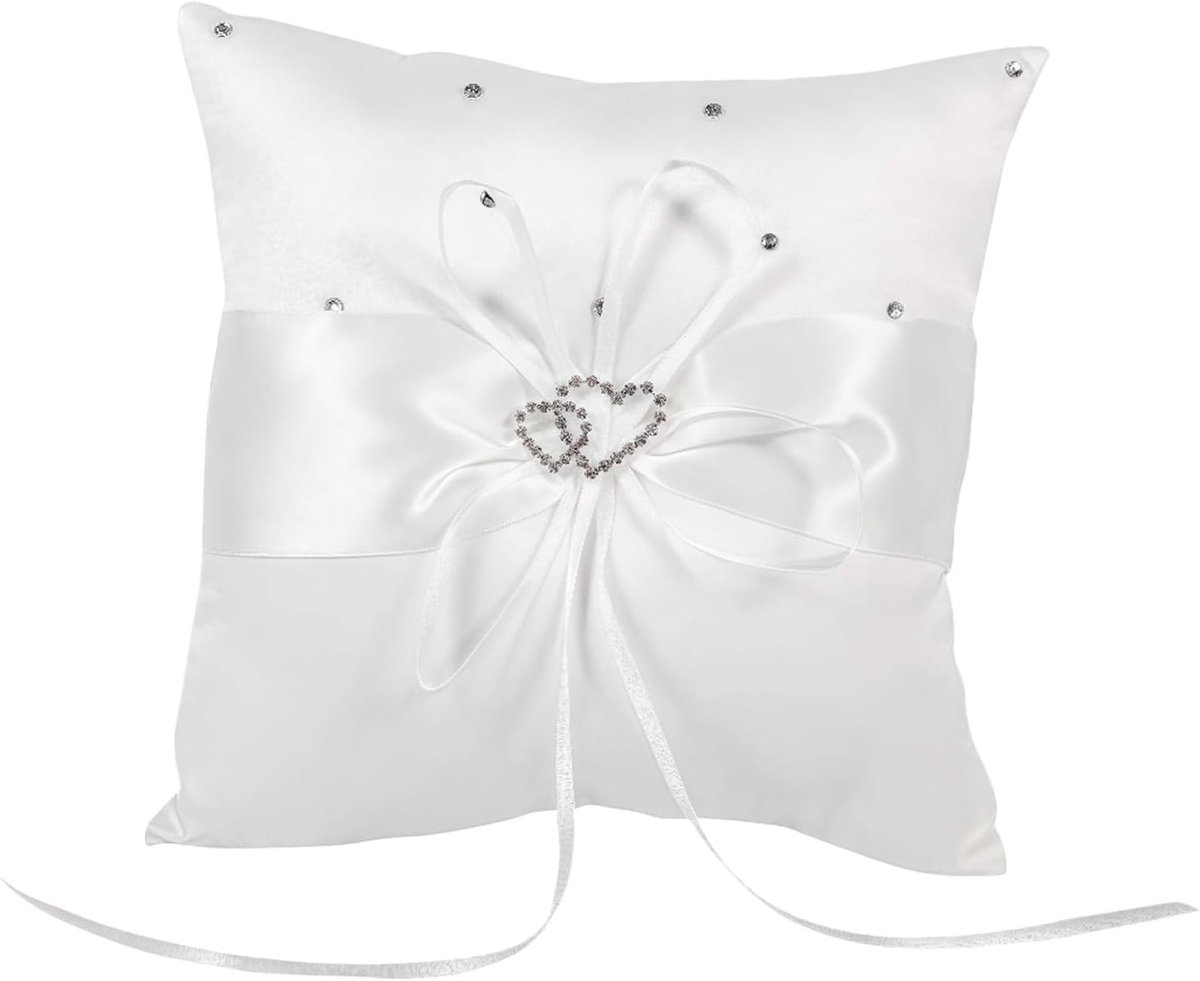 Elegante Witte Ringdrager Kussen 16x6 Inch met Strass Decor en Zijde Lint voor Bruiloft en Verloving