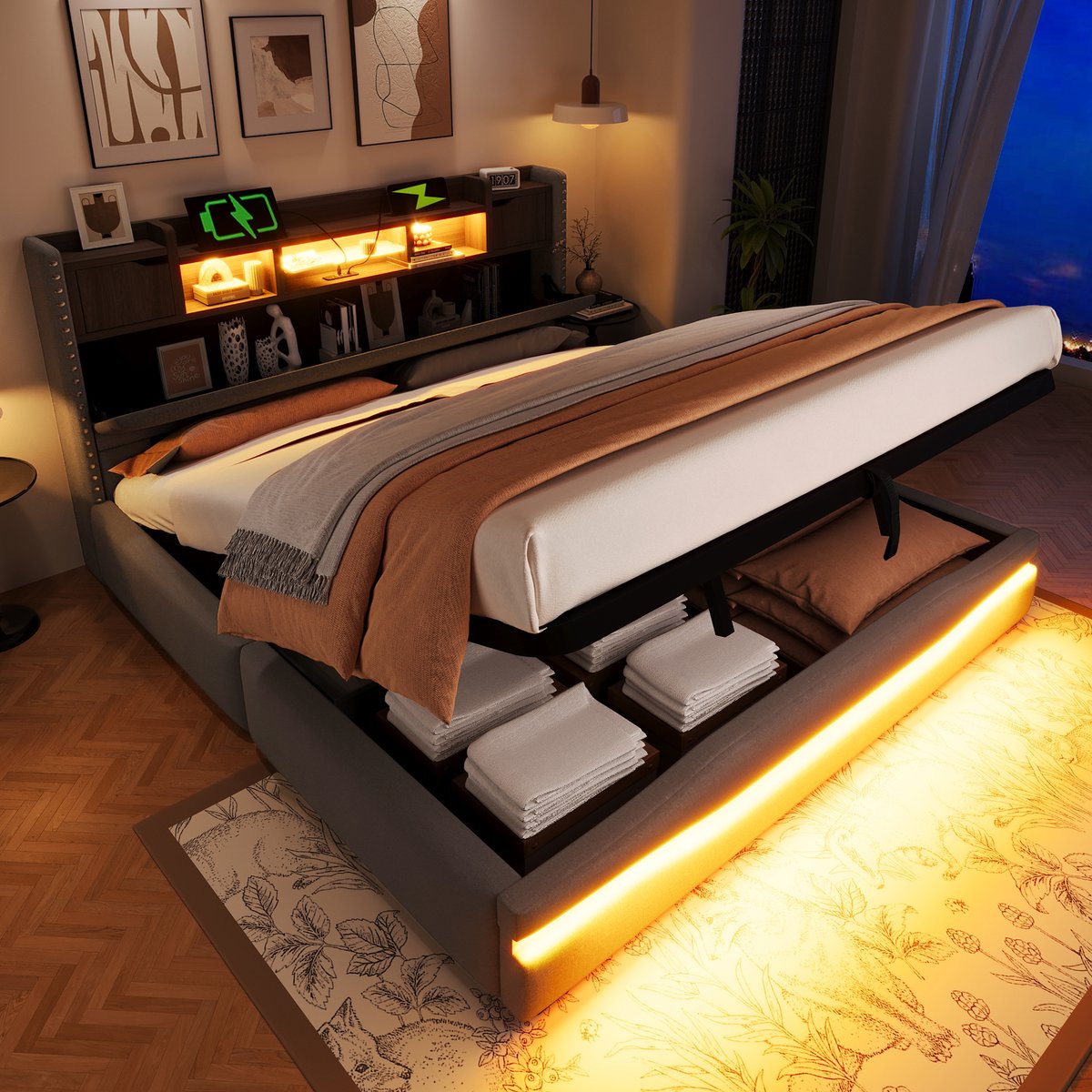 Clruro Opbergbed - 180x200 cm - Hydraulisch zonder Matras - USB-C en LED - Metaal - Grijs