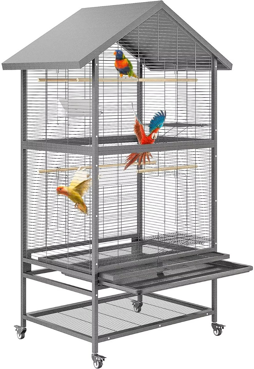 Homezo vogelkooi - o.a. Valkparkieten/tortelduifjes/dwergpapegaaien - Uitschuifbare opvanglade - Accessoires - 79,8x59,9x166,9