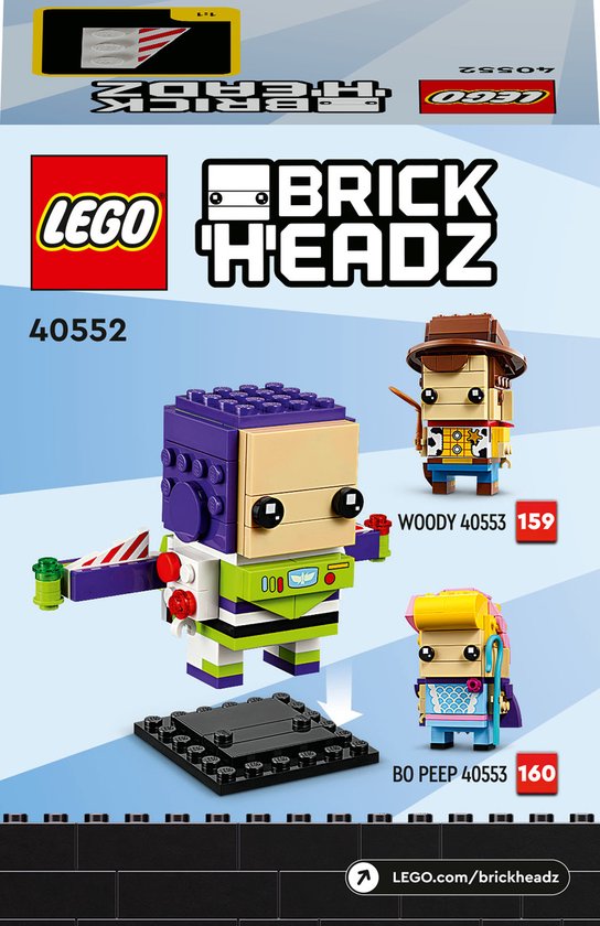 LEGO BrickHeadz verpakking met Buzz Lightyear, Woody en Bo Peep uit Toy Story.