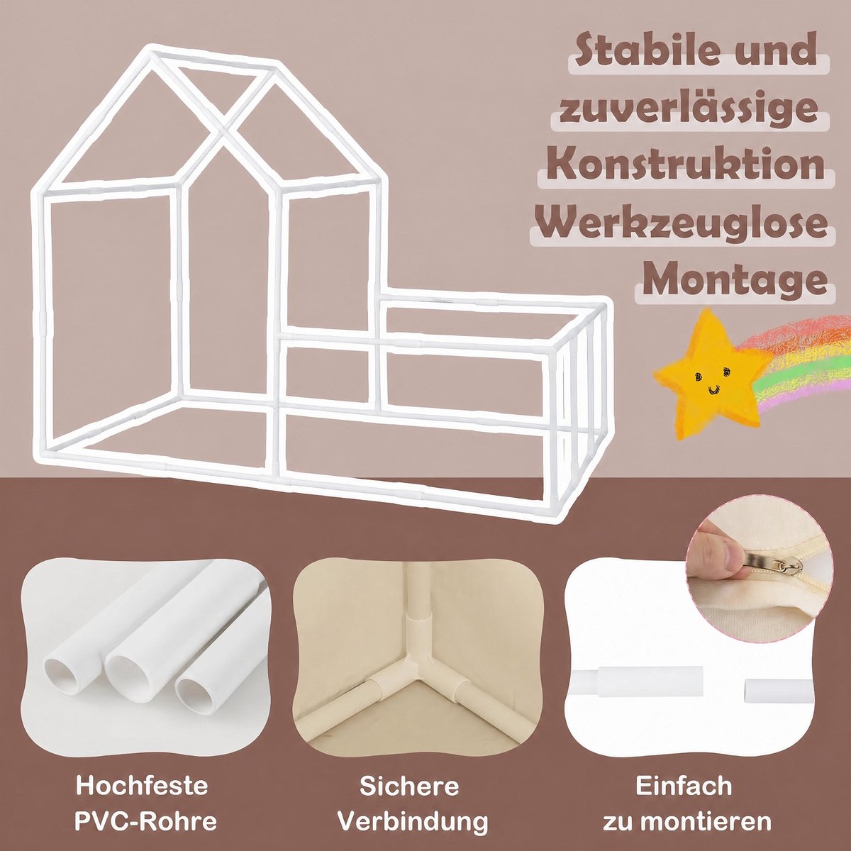 COSTWAY 2-in-1 kindertent met looprek, kinderspeelhuis voor binnen met mat & lichtketting, grote kinderspeeltent, speelgebied 177 x 97 x 136 cm, tent kinderkamer voor jongens en meisjes (beige) — cadeau in Spellen & Speelgoed - foto 2