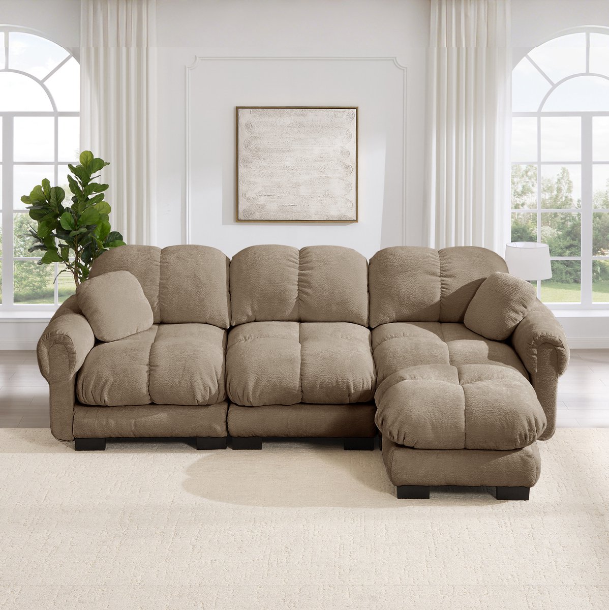 Wishdor Hoekbank - 3-zits modulair en flexibel ontwerp - Met verplaatsbare ottomane - Modern scandinavisch - Voor woonkamer en lounge - Chenille stof - Bruin - 260 x 149 x 90 cm