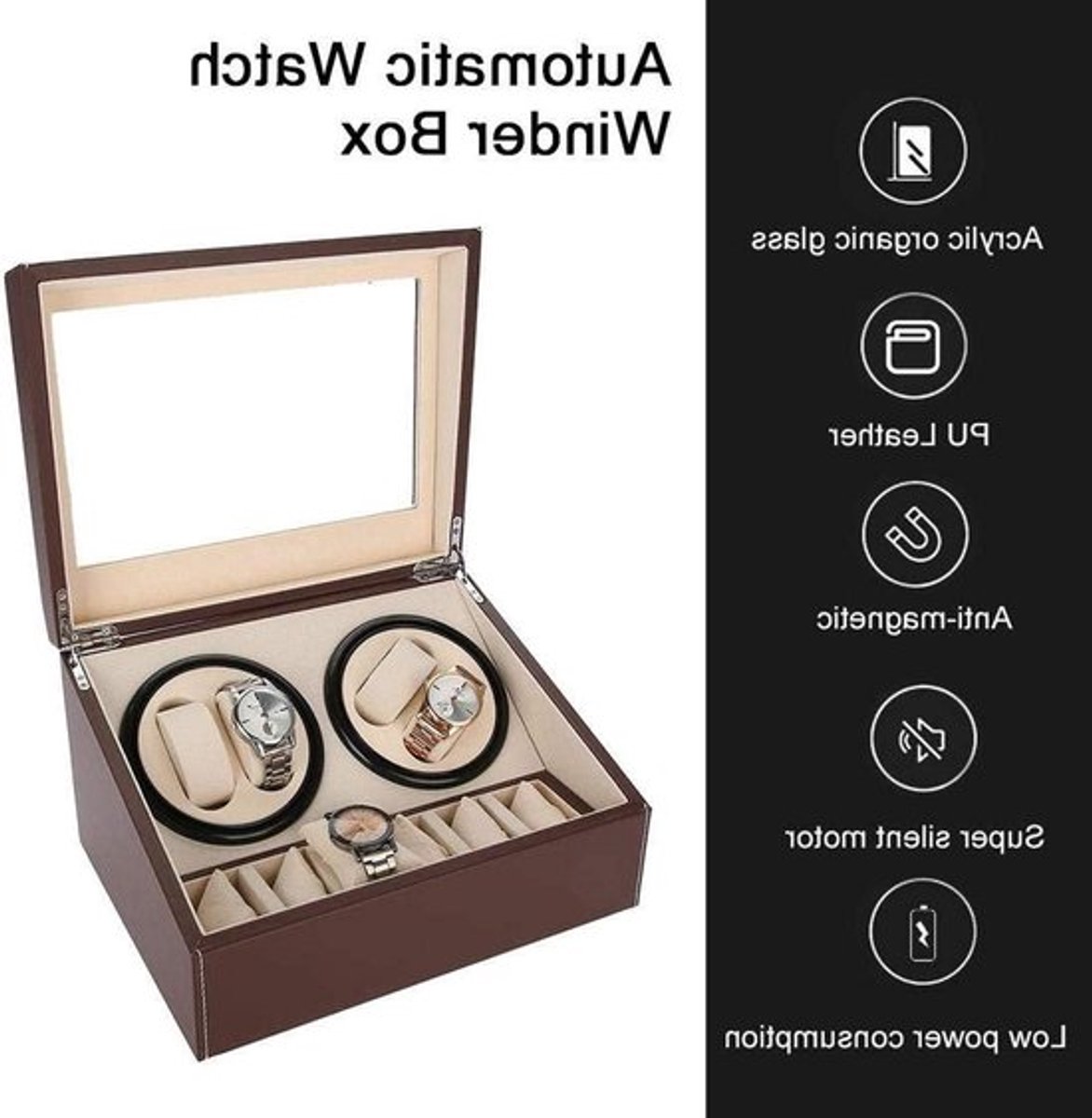 Allecto Plus - Automatische horlogeopwinder en vitrine met luxe opslag voor 4 + 6