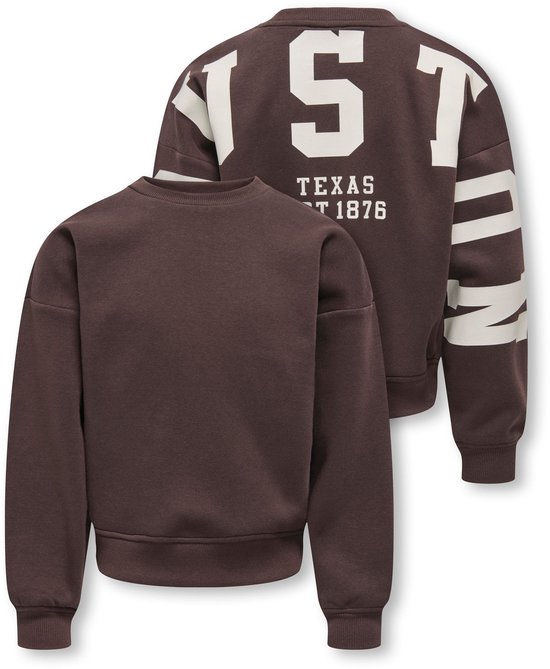 Bruine sweater met witte 'ST' print op de rug en mouwen. Tekst 'TEXAS EST 1876'.