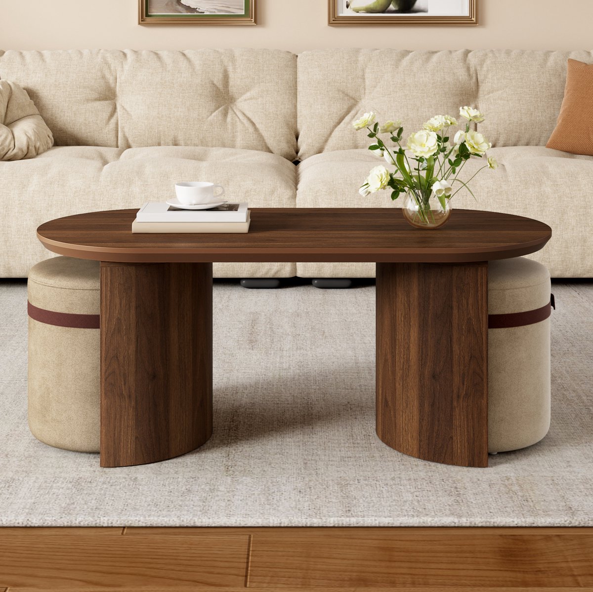 MODENUIT Salontafel Set - Ovale Tafel Met 2 Hockers - Modern Voor Woonkamer En Lounge - MDF - Walnoot