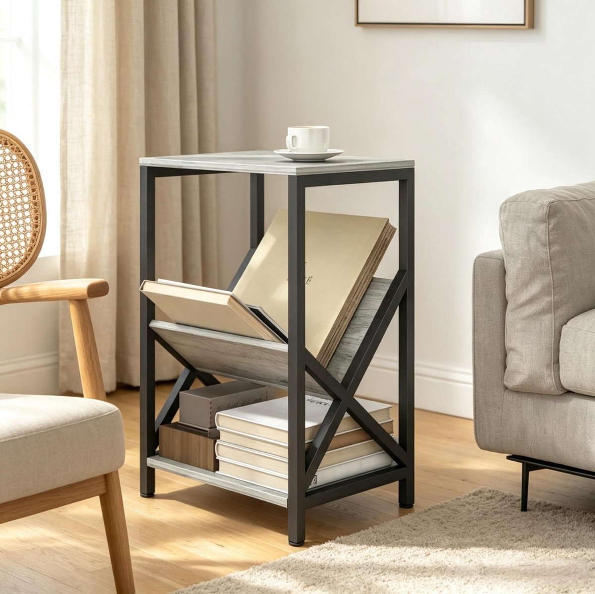 MIVRAY Bijzettafel - Smal Ontwerp Met Vakken En V-Magazinehouder - Voor Woonkamer En Slaapkamer - Hout En Staal - Donkergrijs
