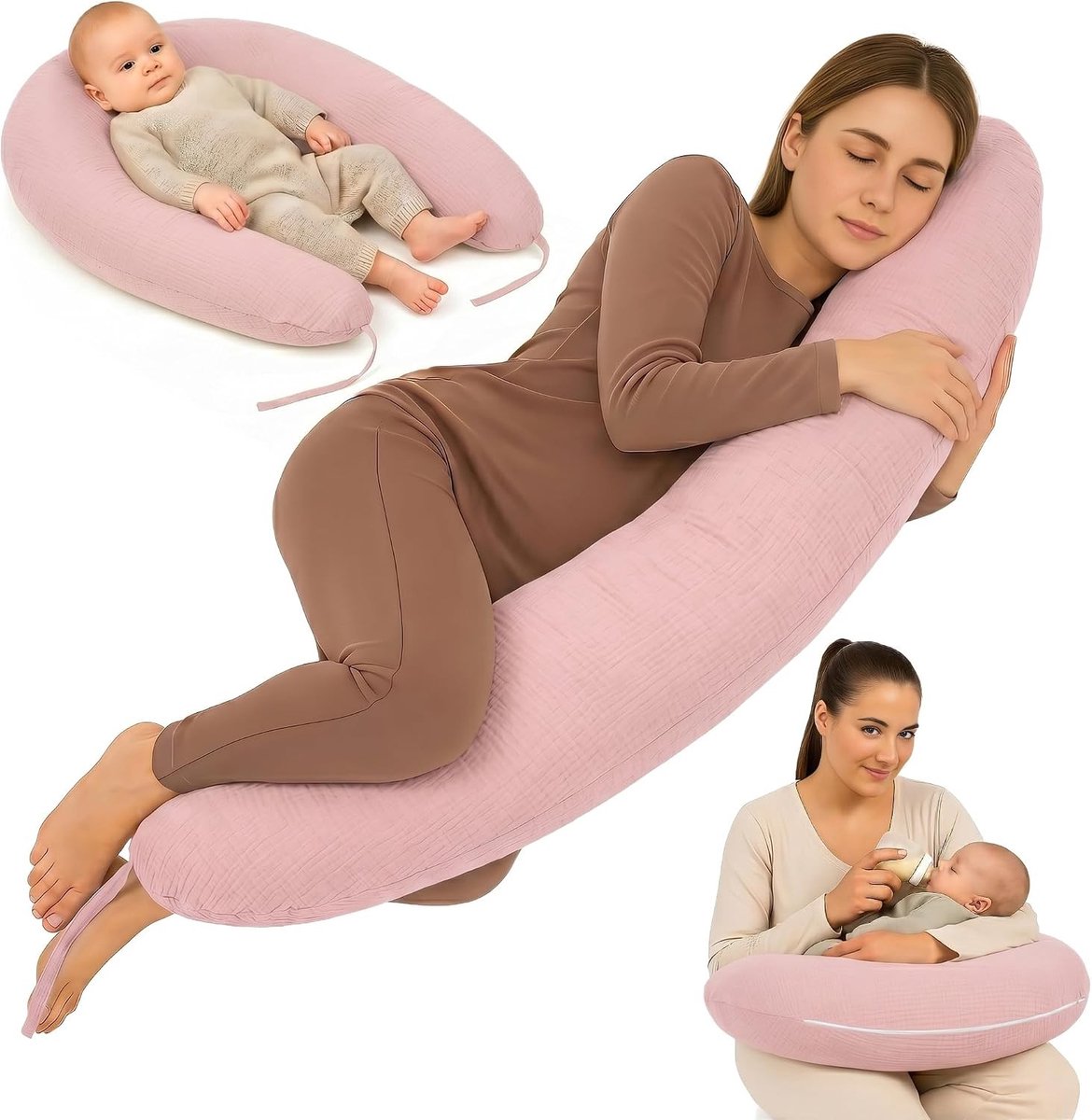 Wigkussen bed - Beige - 190 cm - Katoenen hoes ergonomisch zwangerschapskussen - Voor zwangeren en voeding