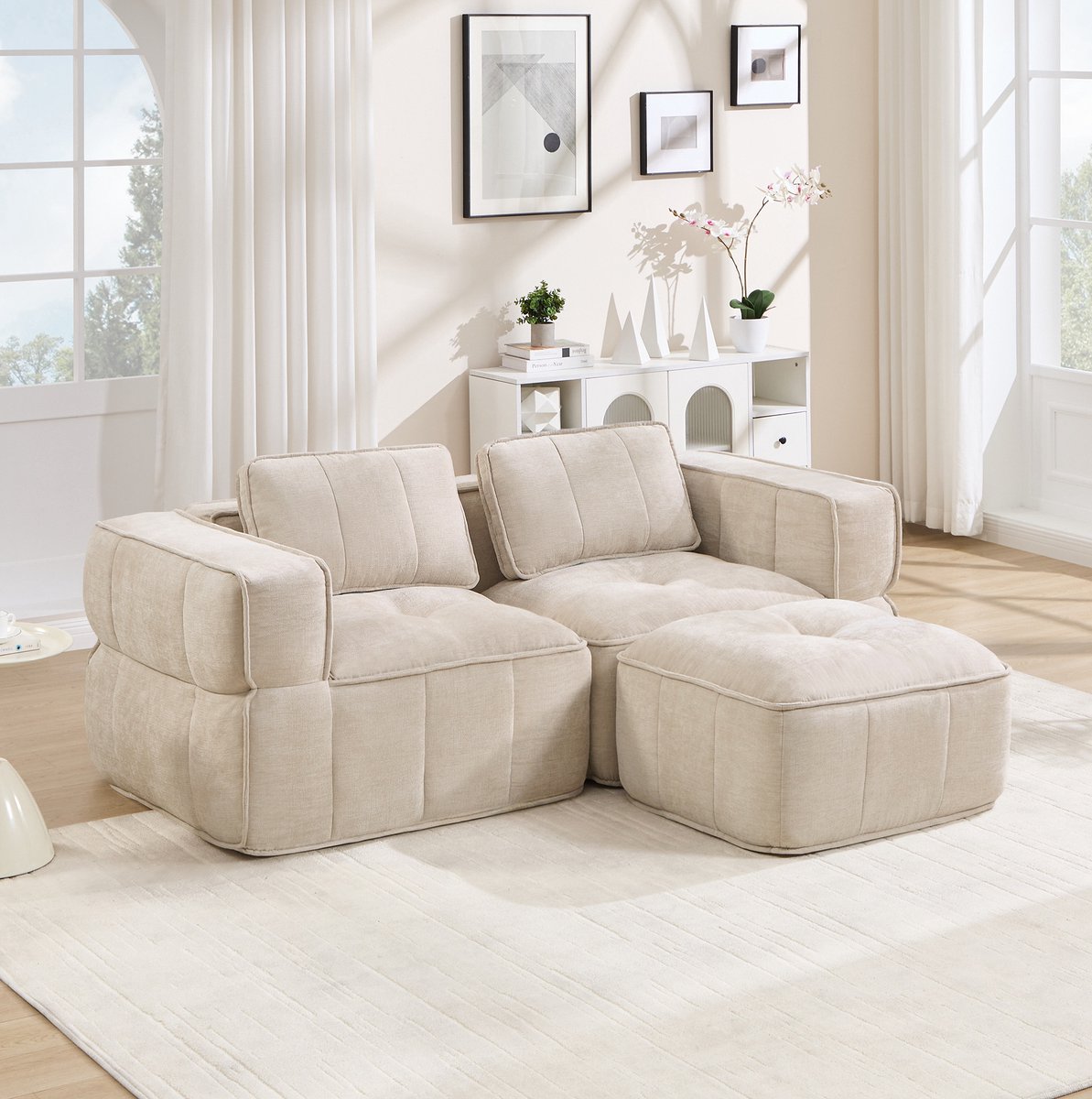 Wishdor Hoekbank - Modulair en frameloos - Met losse hocker en brede armleuningen - Scandinavisch basic - Woonkamer appartement - Polyester - Beige - 198 x 162 x 67 cm