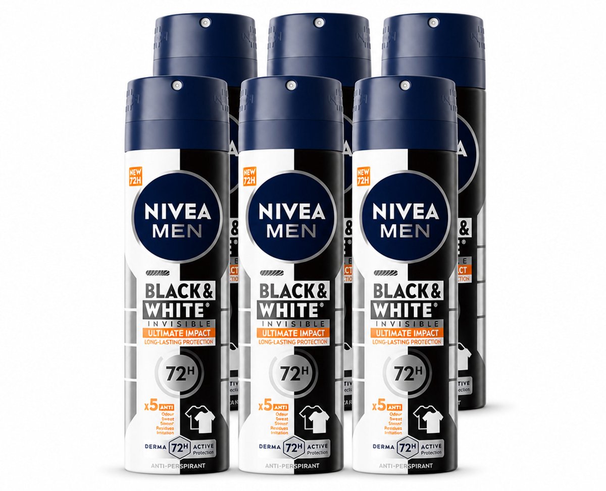 6 x NIVEA MEN - Deodorant Spray - Black & White Ultimate Impact - 150 ml - Voordeelverpakking - 6 stuks