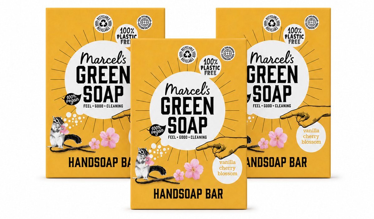 3 x Marcel's Green Soap - Handzeep Bar - Vanille & Cherry Blossom - Krachtige werking - 90 gr - Bulkverpakking - 3 stuks