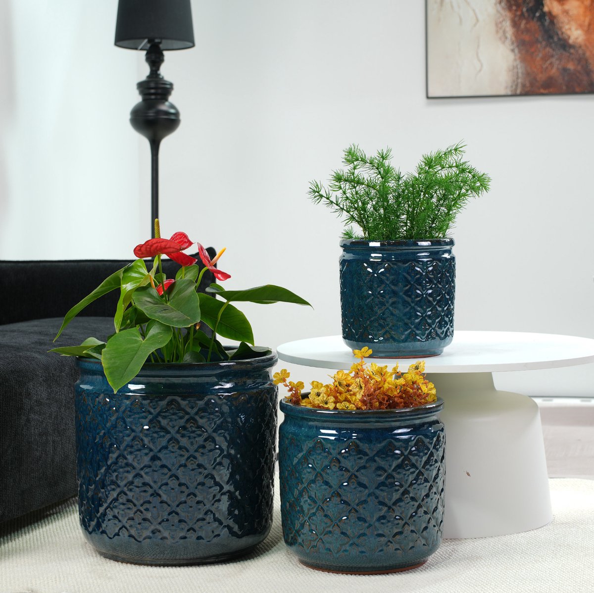 Bloempot Set 3 Delig Rond 38 30,5 23 Cm Keramiek Glanzend Donkerblauwgroen Diamantrelief Voor Binnen En Beschutte Buitenruimte