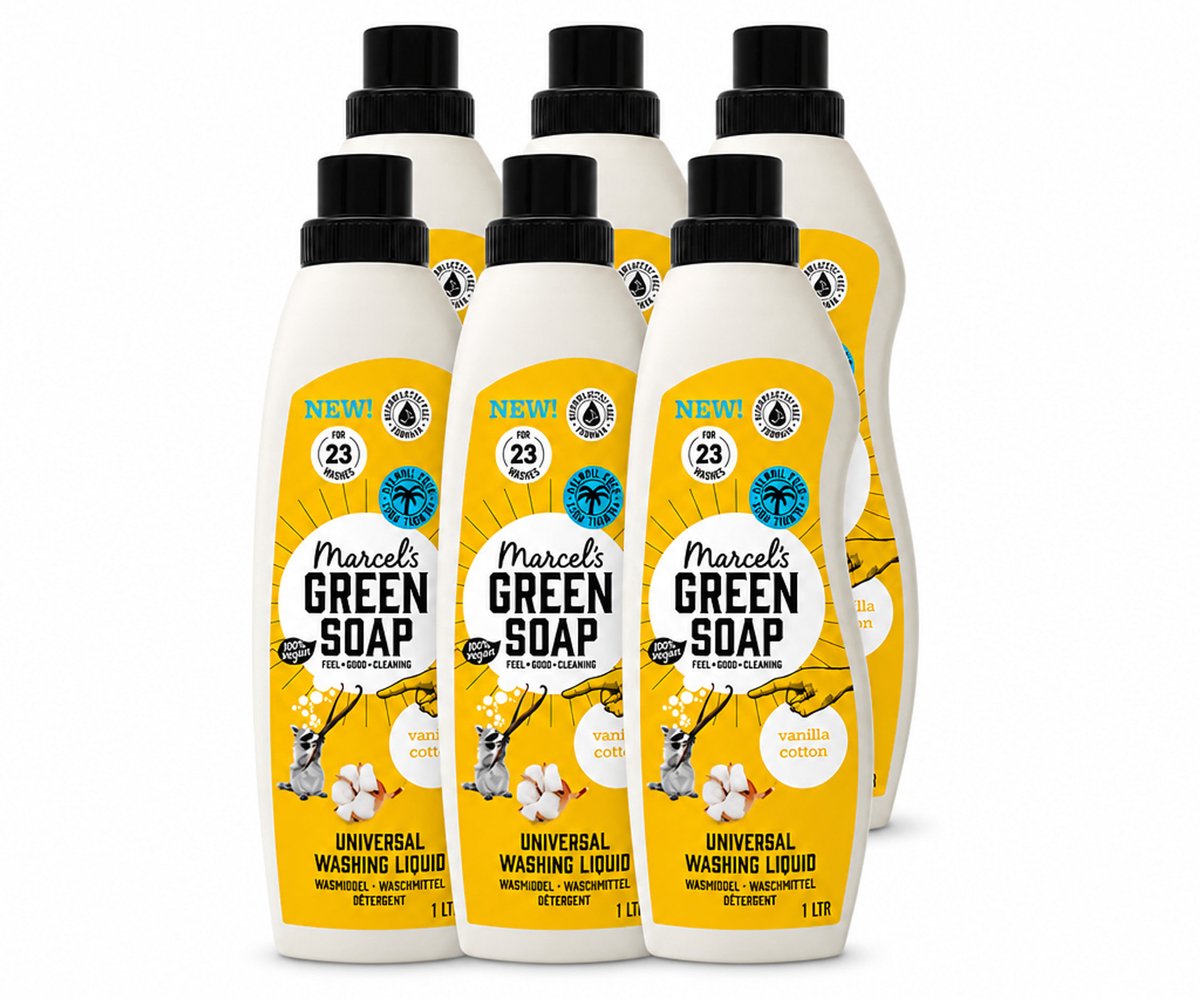 6 x Marcel's Green Soap - Vloeibaar Wasmiddel - Katoen & Vanille - Effectief & natuurlijk - 23 Wasbeurten - 1 Liter - Voordeelverpakking - 6 stuks