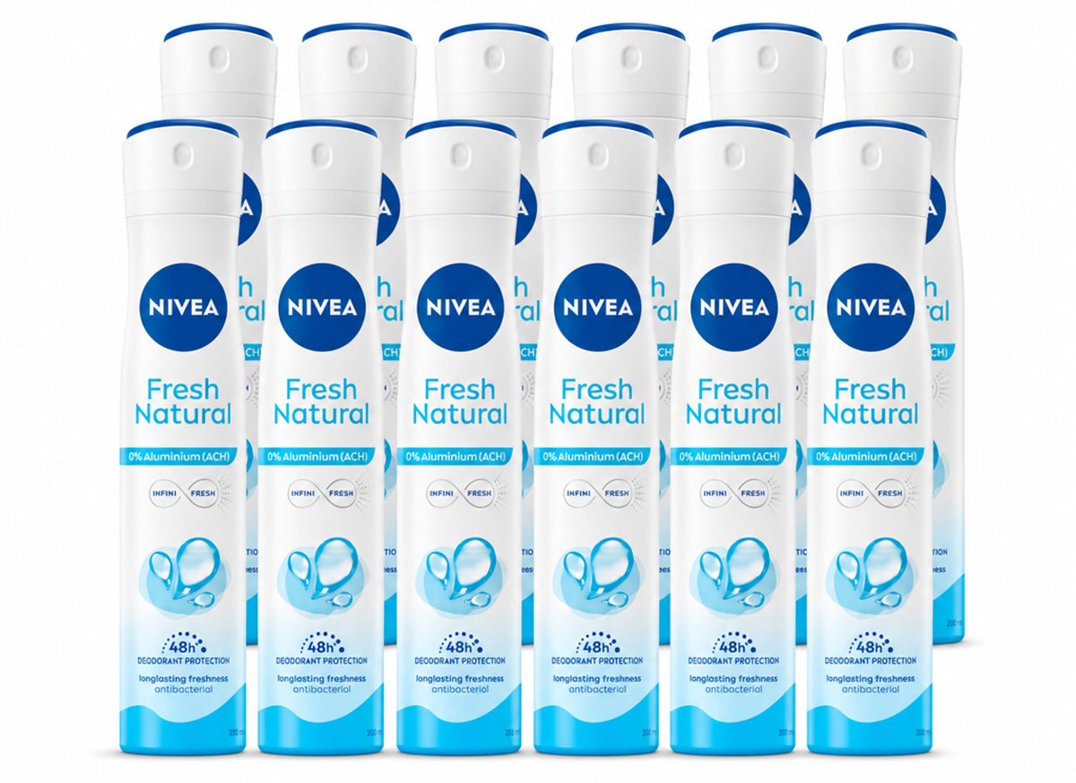12 x Nivea - Deodorant Spray - Fresh Natural - 0% Aluminium - 200 ml - Voordeelverpakking - 12 stuks