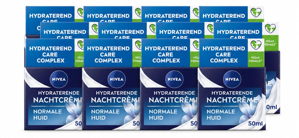 12 x NIVEA - Nachtcrème - Essentials Hydraterend - Voor normale tot gemengde huid - Met Lotusextract, Waterlelie-extract, Vitamine E & Provitamine B5 - 50 ml - Voordeelverpakking - 12 stuks
