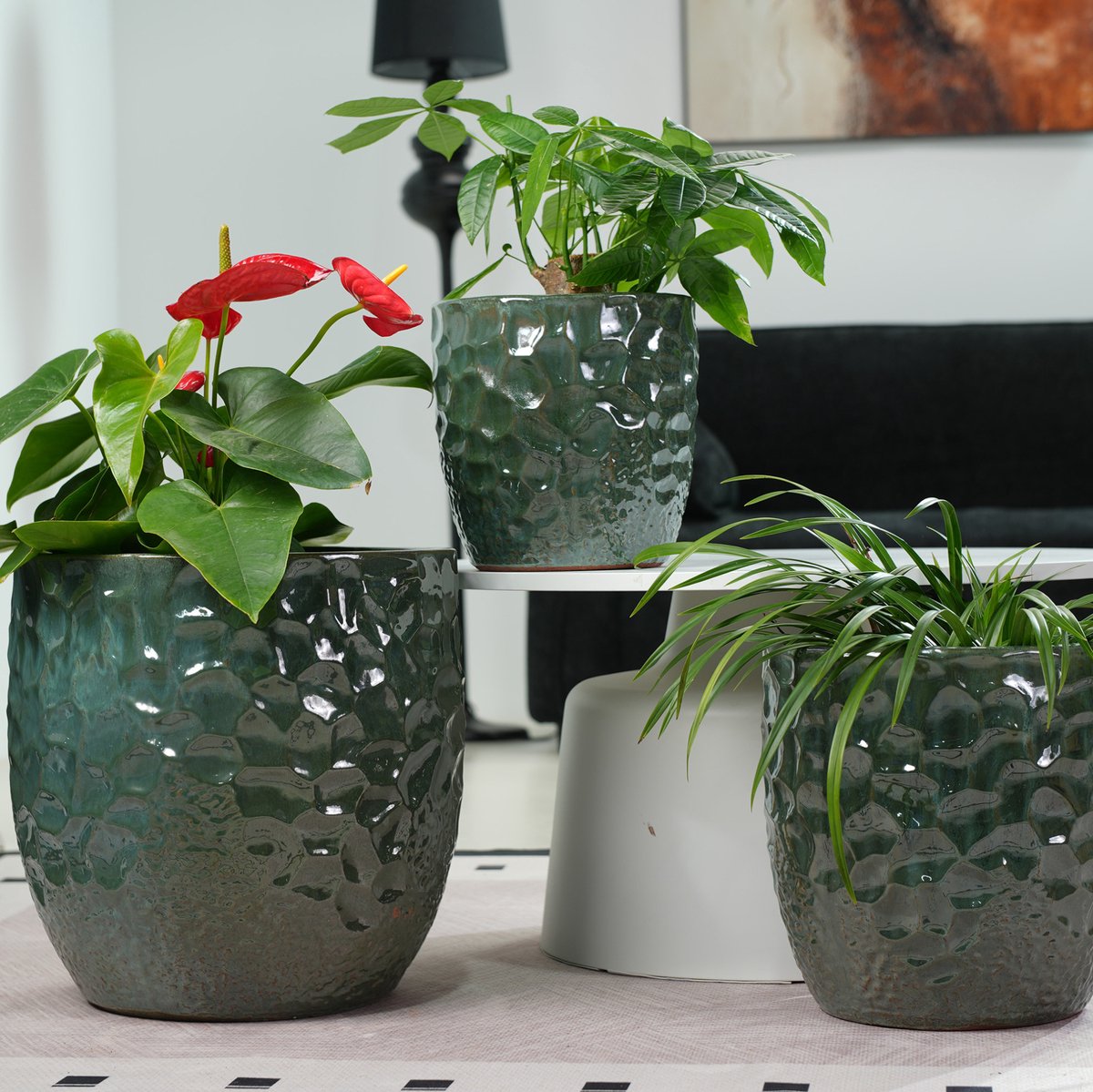 Bloempot 4-delige Set Met Glanzend Hamerslagreliëf – Ø 38/30/22,5/18 cm – Keramiek – Donkergroen – Voor Binnen En Buiten – Vorstbestendig