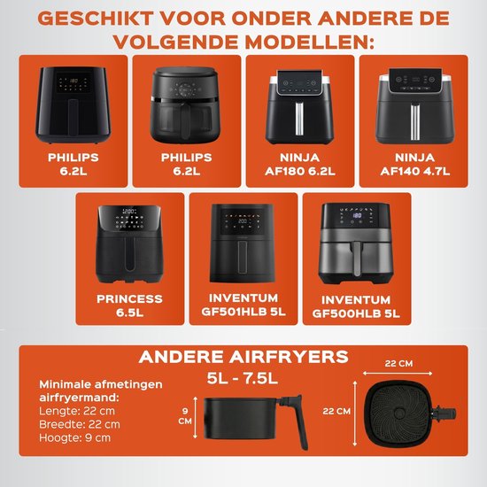 Overzicht van airfryer-modellen en accessoires met afmetingen: Philips, Ninja, Princess, Inventum.