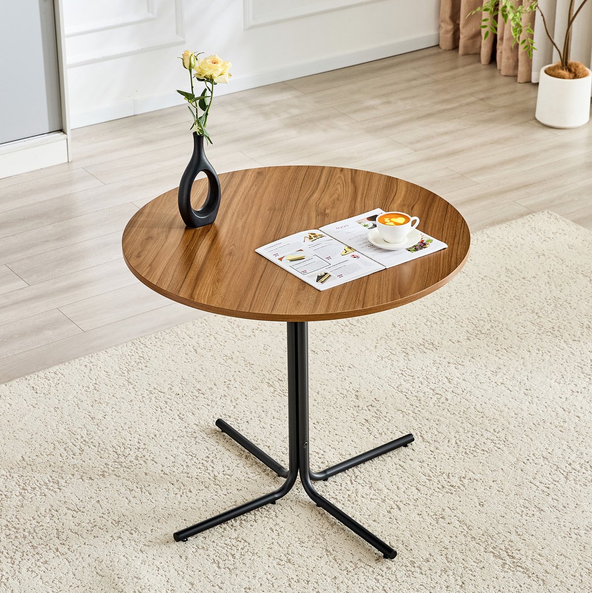 STILVORA Bijzettafel Rond Design Met Walnootlook En Zwart Metalen Driepoot Voor Woonkamer En Slaapkamer 85 Cm