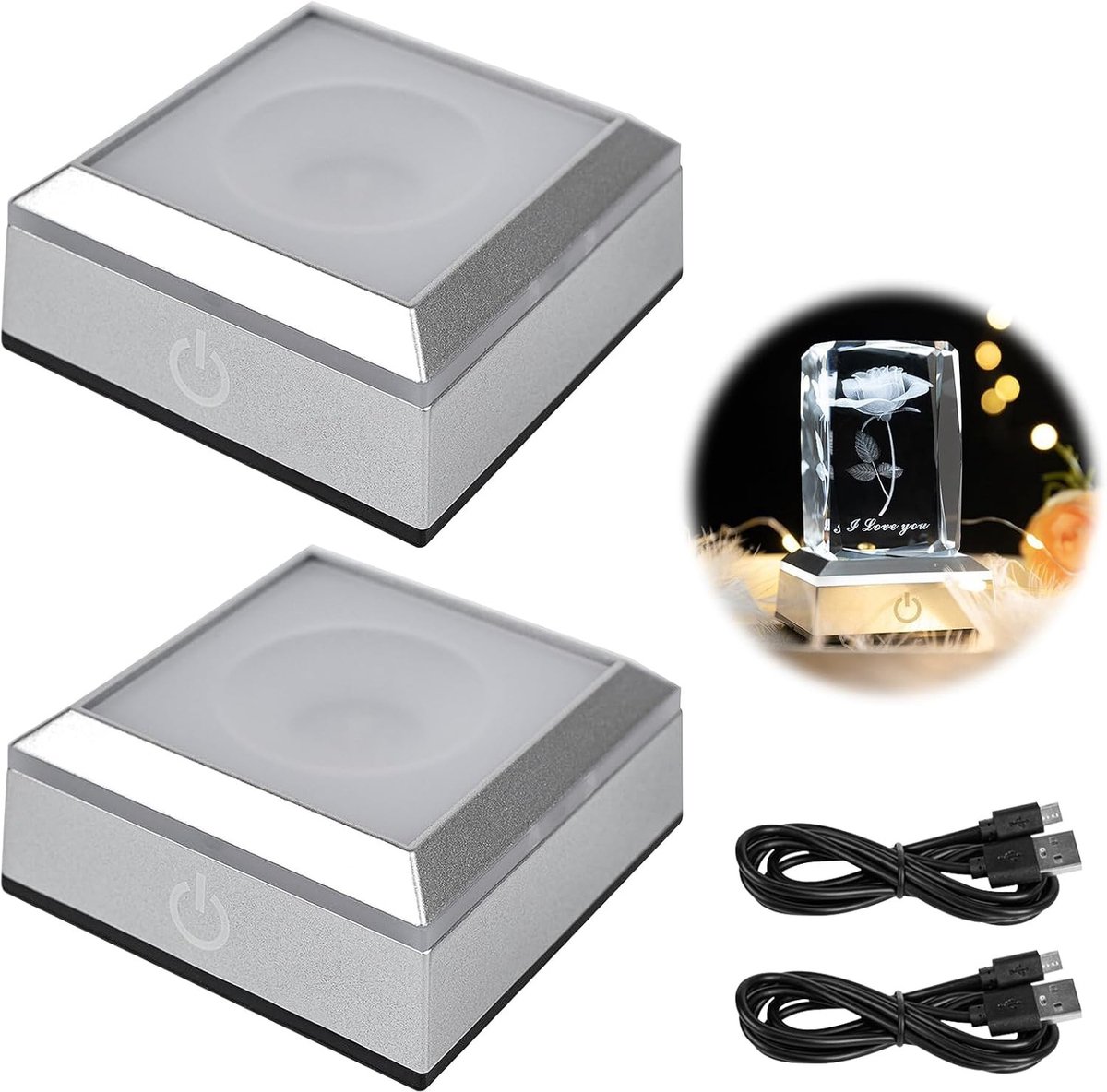 Set van 2 LED Lichtbases met Aanraakschakelaar, Vierkante Displaystandaard voor Kristallen Ballen en Glaskunst, 6 Kleuren Verlichtingsopties