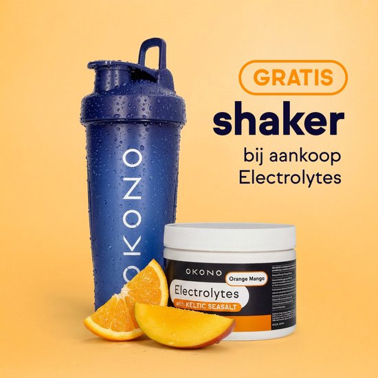 Gratis shaker bij aankoop van OKONO Electrolytes Orange Mango. Blauwe shaker, pot en sinaasappelschijfjes.